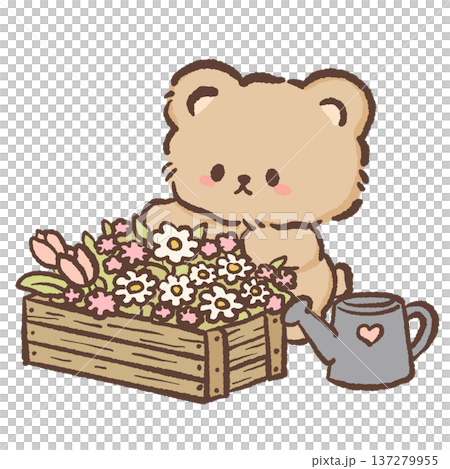 Cute bear watering spring flowers in wooden crate with watering can kawaii gardener bear illustration with tulips daisies and roses garden scene for floral designs greeting cards and nursery decor Cute bear watering spring flowers in wooden crate with watering can kawaii gardener bear illustration with tulips daisies and roses garden scene for floral designs greeting cards and nursery decor 137279955