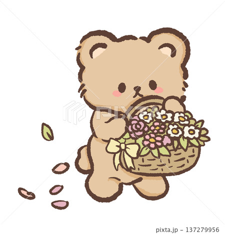 Cute bear carrying spring flower basket with falling petals kawaii florist bear illustration with daisies roses and pastel blossoms floral shop character for greeting cards nursery decor and spring de 137279956
