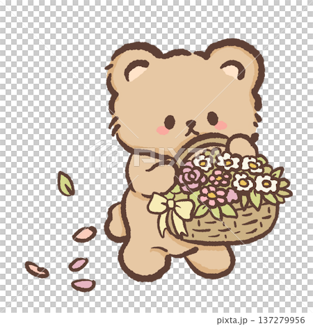 Cute bear carrying spring flower basket with falling petals kawaii florist bear illustration with daisies roses and pastel blossoms floral shop character for greeting cards nursery decor and spring de Cute bear carrying spring flower basket with falling petals kawaii florist bear illustration with daisies roses and pastel blossoms floral shop character for greeting cards nursery decor and spring de 137279956