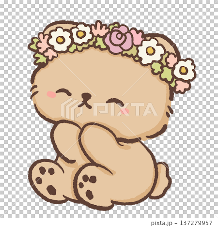 Cute bear wearing flower crown sitting happily kawaii animal illustration with pastel spring flowers daisies roses and blossoms adorable woodland character for nursery decor greeting cards and floral  137279957