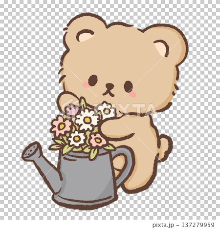 Cute bear arranging spring flowers in watering can kawaii gardener bear illustration with daisies roses and pastel blossoms floral garden character for greeting cards nursery decor Cute bear arranging spring flowers in watering can kawaii gardener bear illustration with daisies roses and pastel blossoms floral garden character for greeting cards nursery decor 137279959