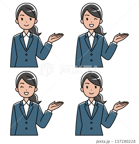 笑顔で案内するスーツの外国人女性のイラスト(左手上げ・カラー) 笑顔で案内するスーツの外国人女性のイラスト(左手上げ・カラー) 137280228