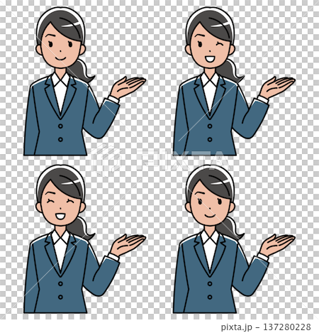 Illustration of a smiling foreign woman in a suit guiding (left hand raised, color) 137280228