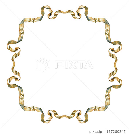 Ornate watercolor frame made of flowing vintage ribbons in gold and blue tones. A decorative square border with elegant curves, ideal for wedding invitations and classic stationery design. Ornate watercolor frame made of flowing vintage ribbons in gold and blue tones. A decorative square border with elegant curves, ideal for wedding invitations and classic stationery design. 137280245