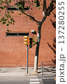 Green pedestrian traffic light and brown brick wall street background, Barcelona Spain 137280255