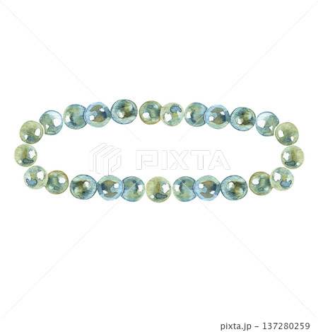 Delicate watercolor illustration of a circular frame made of shimmering blue and green pearls. This elegant jewelry border is perfect for sophisticated branding, luxury invitations, and decorative Delicate watercolor illustration of a circular frame made of shimmering blue and green pearls. This elegant jewelry border is perfect for sophisticated branding, luxury invitations, and decorative 137280259