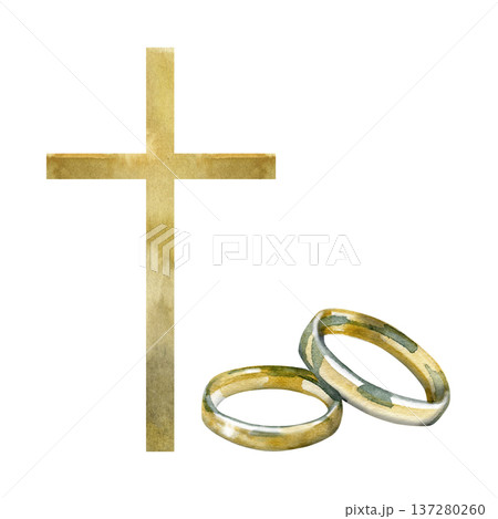 Watercolor illustration featuring a golden Christian cross and a pair of interlocked wedding rings. This symbolic composition represents religious marriage, spiritual commitment, and faith-based Watercolor illustration featuring a golden Christian cross and a pair of interlocked wedding rings. This symbolic composition represents religious marriage, spiritual commitment, and faith-based 137280260