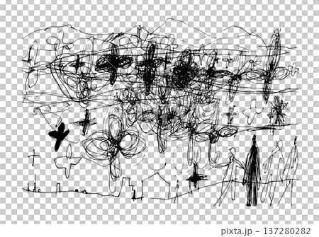 A monochrome line drawing of people living together under a sky full of flowers and distant mountains, hand-drawn with a pen A monochrome line drawing of people living together under a sky full of flowers and distant mountains, hand-drawn with a pen 137280282