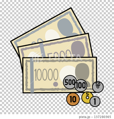 簡潔可愛的日元紙幣和硬幣套裝插圖 簡潔可愛的日元紙幣和硬幣套裝插圖 137280365