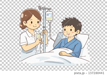 醫院內,一名住院病人正在接受醫療護理,一名護理師正在調整靜脈輸液管。 醫院內,一名住院病人正在接受醫療護理,一名護理師正在調整靜脈輸液管。 137280441