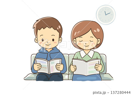 病院の待合室で雑誌を読む男女の待ち時間シーンイラスト 137280444