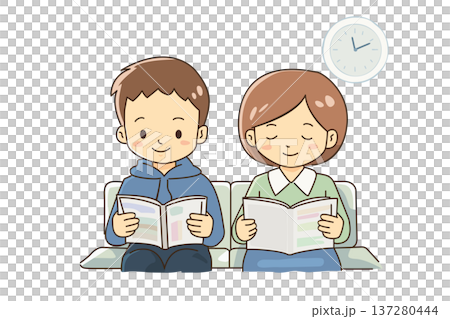 病院の待合室で雑誌を読む男女の待ち時間シーンイラスト 137280444