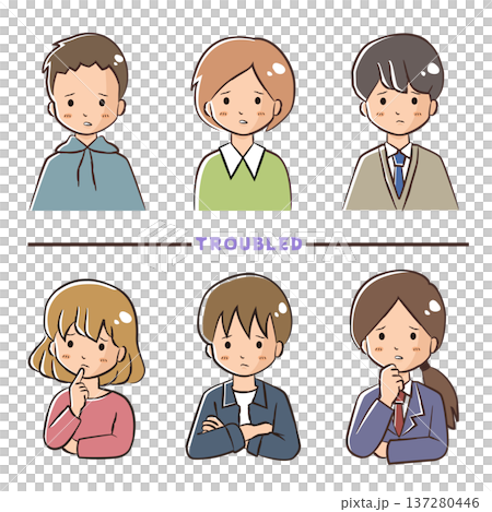 Face icon set illustration of a person expressing troubled or worried emotions Face icon set illustration of a person expressing troubled or worried emotions 137280446