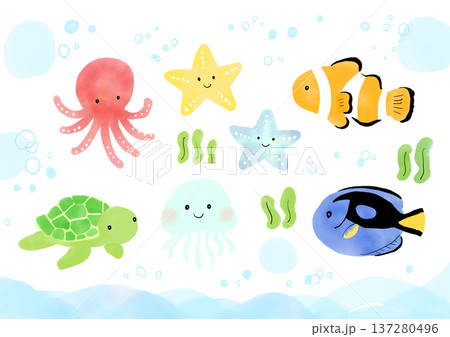 かわいい海の生き物イラストセット かわいい海の生き物イラストセット 137280496
