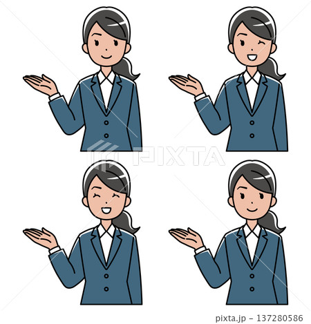 笑顔で案内するスーツの外国人女性のイラスト（右手上げ・カラー） 137280586