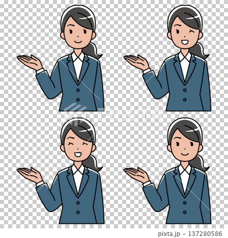 笑顔で案内するスーツの外国人女性のイラスト（右手上げ・カラー） 137280586
