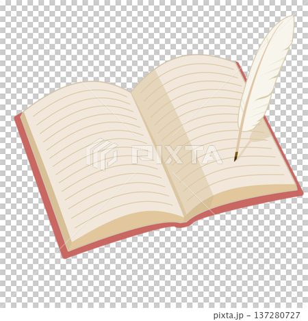 An illustration of a simple open book with a red cover and a feather pen seen from an angle. Color. No lines. An illustration of a simple open book with a red cover and a feather pen seen from an angle. Color. No lines. 137280727