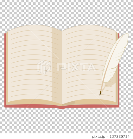 一幅簡單的打開的書的插圖，書的封面是紅色的，旁邊放著一支羽毛筆，視角為正面，彩色，無線條。 137280734