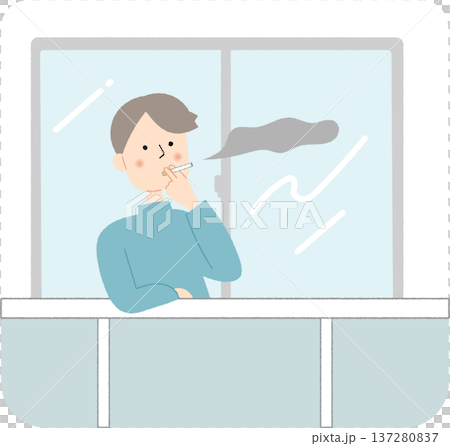 A young man smoking a cigarette on the balcony 137280837