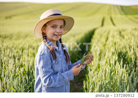 A young girl wearing a straw hat and denim shirt stands in a lush green wheat field, holding a stalk of wheat A young girl wearing a straw hat and denim shirt stands in a lush green wheat field, holding a stalk of wheat 137280912