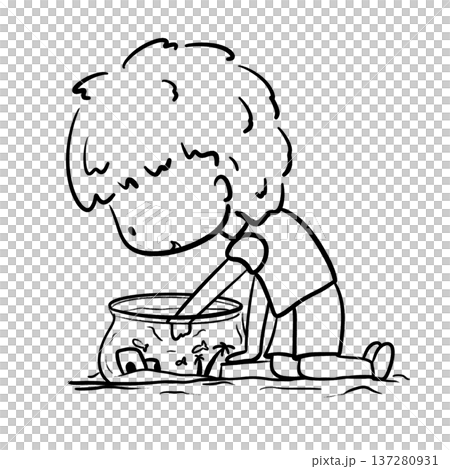 Little boy playing the fish in the fish tank cartoon outline illustration Little boy playing the fish in the fish tank cartoon outline illustration 137280931