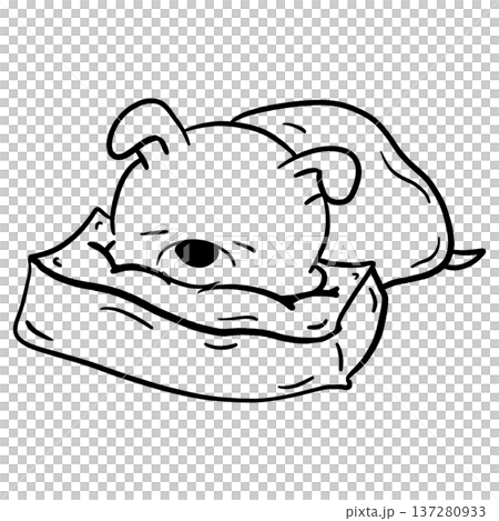 Little dog sleeping on thick pillow and in blanket cartoon outline illustration Little dog sleeping on thick pillow and in blanket cartoon outline illustration 137280933
