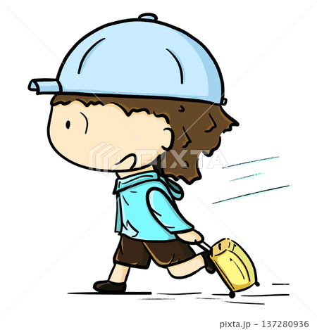 Boy with cap dragging luggage rushing cartoon illustration Boy with cap dragging luggage rushing cartoon illustration 137280936