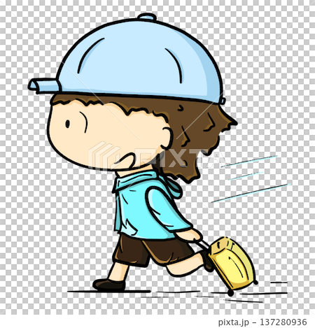 Boy with cap dragging luggage rushing cartoon illustration Boy with cap dragging luggage rushing cartoon illustration 137280936