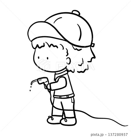 Little gas station attendant holding a dropping fuel nozzle cartoon illustration Little gas station attendant holding a dropping fuel nozzle cartoon illustration 137280937