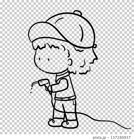 Little gas station attendant holding a dropping fuel nozzle cartoon illustration Little gas station attendant holding a dropping fuel nozzle cartoon illustration 137280937