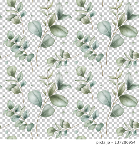 Watercolor seamless pattern with eucalyptus branches. Hand-drawn illustration for home interiors. Perfect for home textiles, covers, and wrapping paper 137280954