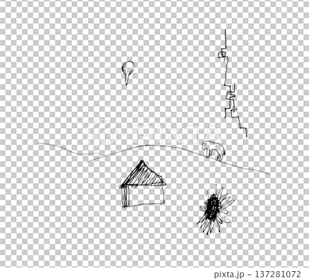 A monochrome line drawing illustration featuring sheep on a hill, a house, flowers, and abstract shapes and lines floating in the sky, drawn with a pen. A monochrome line drawing illustration featuring sheep on a hill, a house, flowers, and abstract shapes and lines floating in the sky, drawn with a pen. 137281072