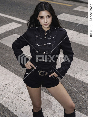 横断歩道の路上で黒いナポレオンジャケットを着た日本人女性 137281927