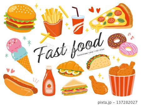 ファストフードの食べ物手描きイラストセット 137282027