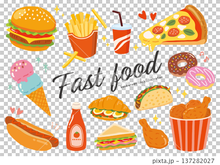 ファストフードの食べ物手描きイラストセット 137282027