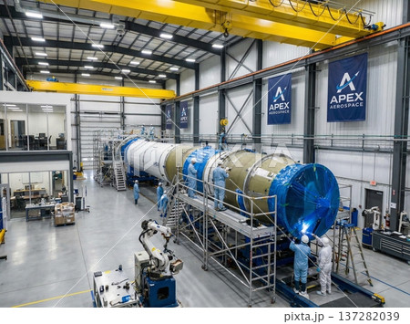 Rocket being built at a modern aerospace factory in the assembly Rocket being built at a modern aerospace factory in the assembly 137282039