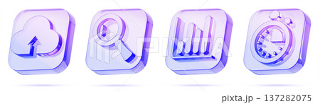 3d hologram glass square buttons set - cloud upload, magnifier, bar chart, stopwatch timer icon. Business analytics, data analysis, financial growth, presentation, digital interfaces. 3D illustration 137282075