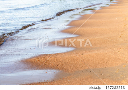 Golden sand shoreline with gentle waves pattern 137282218