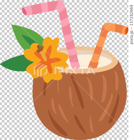 tropical coconut drink served in a coconut shell with colorful straws and flower garnish 137282669