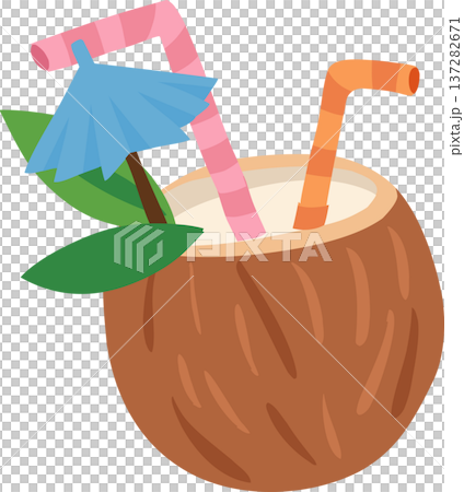 Tropical Coconut Drink Illustration Fresh Coconut Cocktail with Straw and Umbrella Summer Beach Beverage Concept 137282671