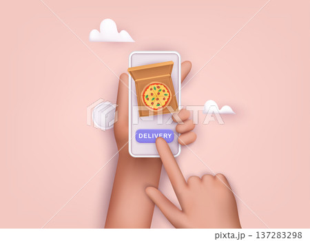 Hand holding mobile smart phone with delivery food app. Order food online. 3D Vector Illustrations. 137283298
