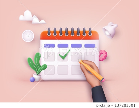 Hand putting check marks on calendar. 3D Web Vector Illustrations. Hand putting check marks on calendar. 3D Web Vector Illustrations. 137283301
