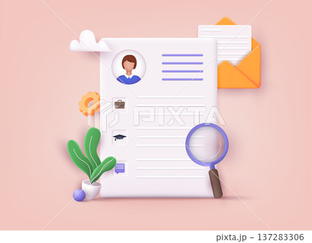 Resume. Human resource management and hiring concept. Job interview, recruitment agency. 3D Vector Illustrations. 137283306