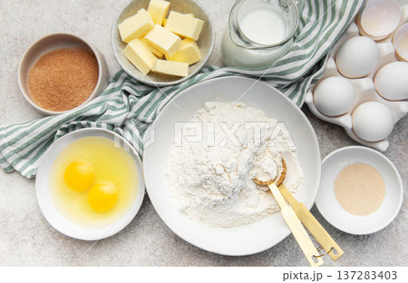 Baking ingredients preparing for homemade bread or pastry Baking ingredients preparing for homemade bread or pastry 137283403