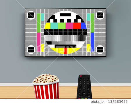Failed to watch online TV. Remote control is pointed at the no signal TV on the wall. Watching online tv with remote control and popcorn box Failed to watch online TV. Remote control is pointed at the no signal TV on the wall. Watching online tv with remote control and popcorn box 137283435