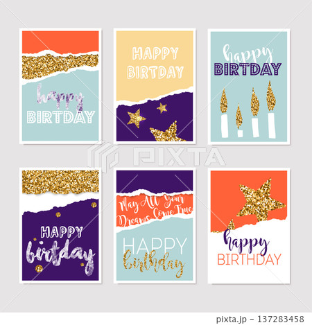 Set of birthday greeting cards with gold glitter design. Vector illustration. Set of birthday greeting cards with gold glitter design. Vector illustration. 137283458