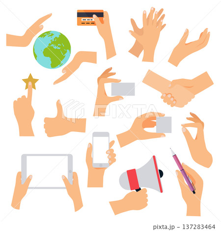 Flat design of hand icons set. Concept of hand in many characters: presenting, showing, using tablet and smart phone, thumb up and down, holds magnifying glass and credit card. Vector illustration. 137283464