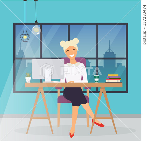 Business woman working at his office desk. Flat design modern vector business concept. Business woman working at his office desk. Flat design modern vector business concept. 137283474