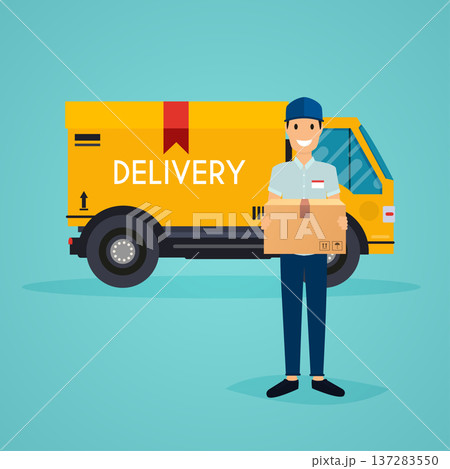 Delivery man  and track. Flat design modern vector illustration concept. 137283550