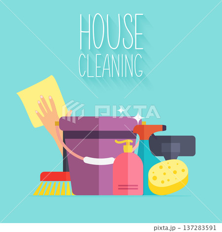 House Cleaning. Poster template for house cleaning services with various cleaning tools. 137283591